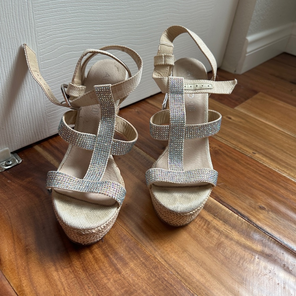 Aldo Beige and Silver Wedge Sandals sparkly